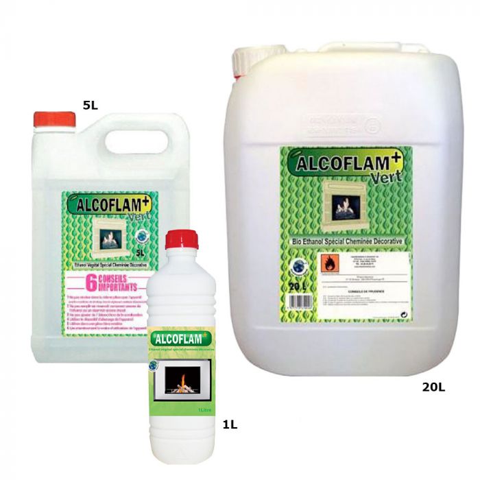Ethanol végétal pour cheminée décorative Alcoflam Plus vert en bouteille  capacité 1 L